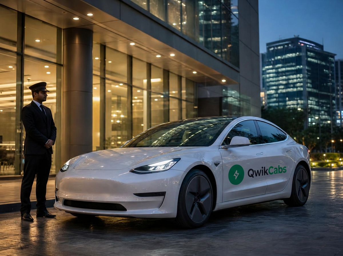 Business travellers boarding a QwikCabs branded electric car outside a corporate office