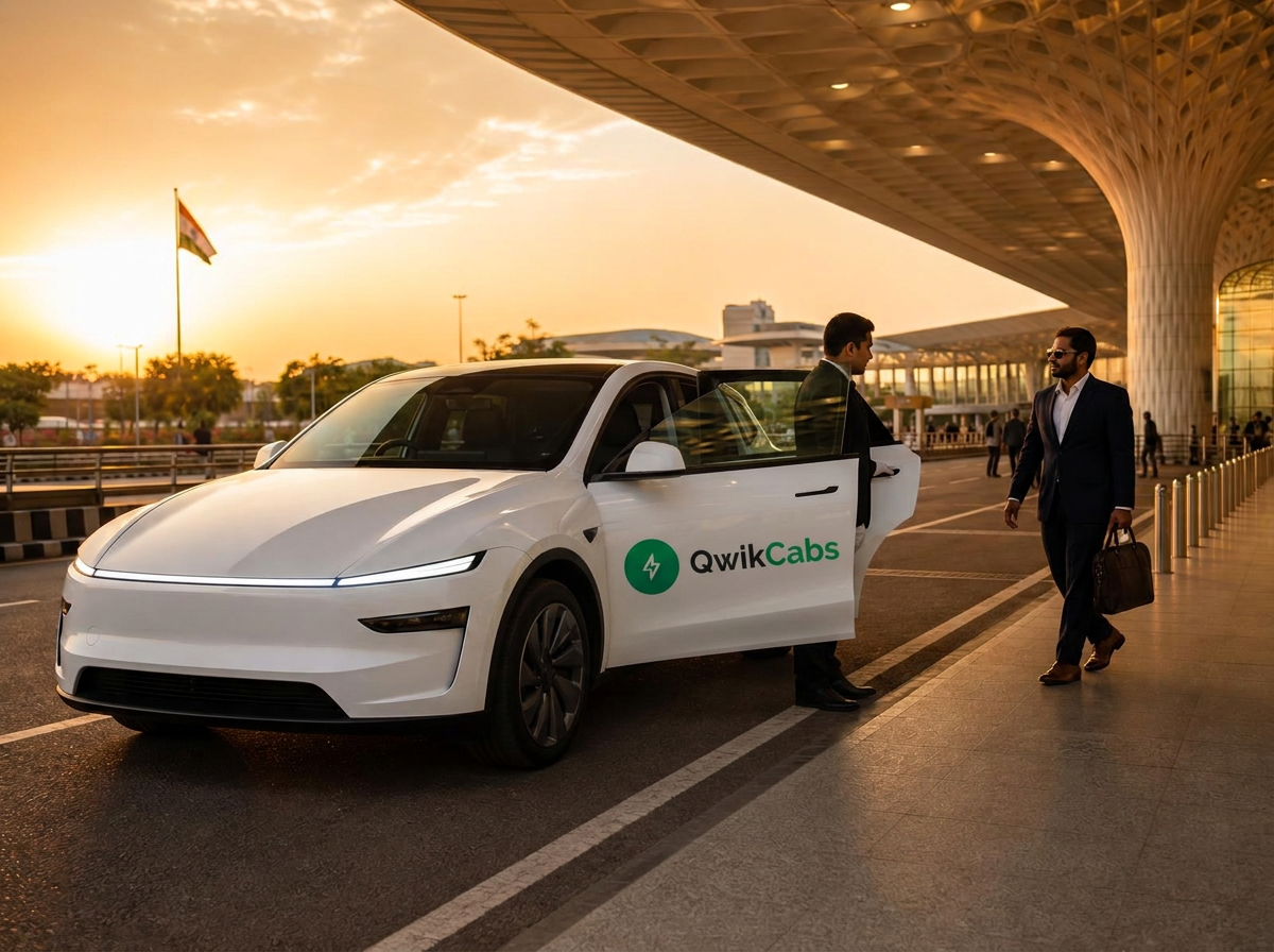 QwikCabs chauffeur greeting a business traveller beside a branded premium electric sedan at an Indian airport